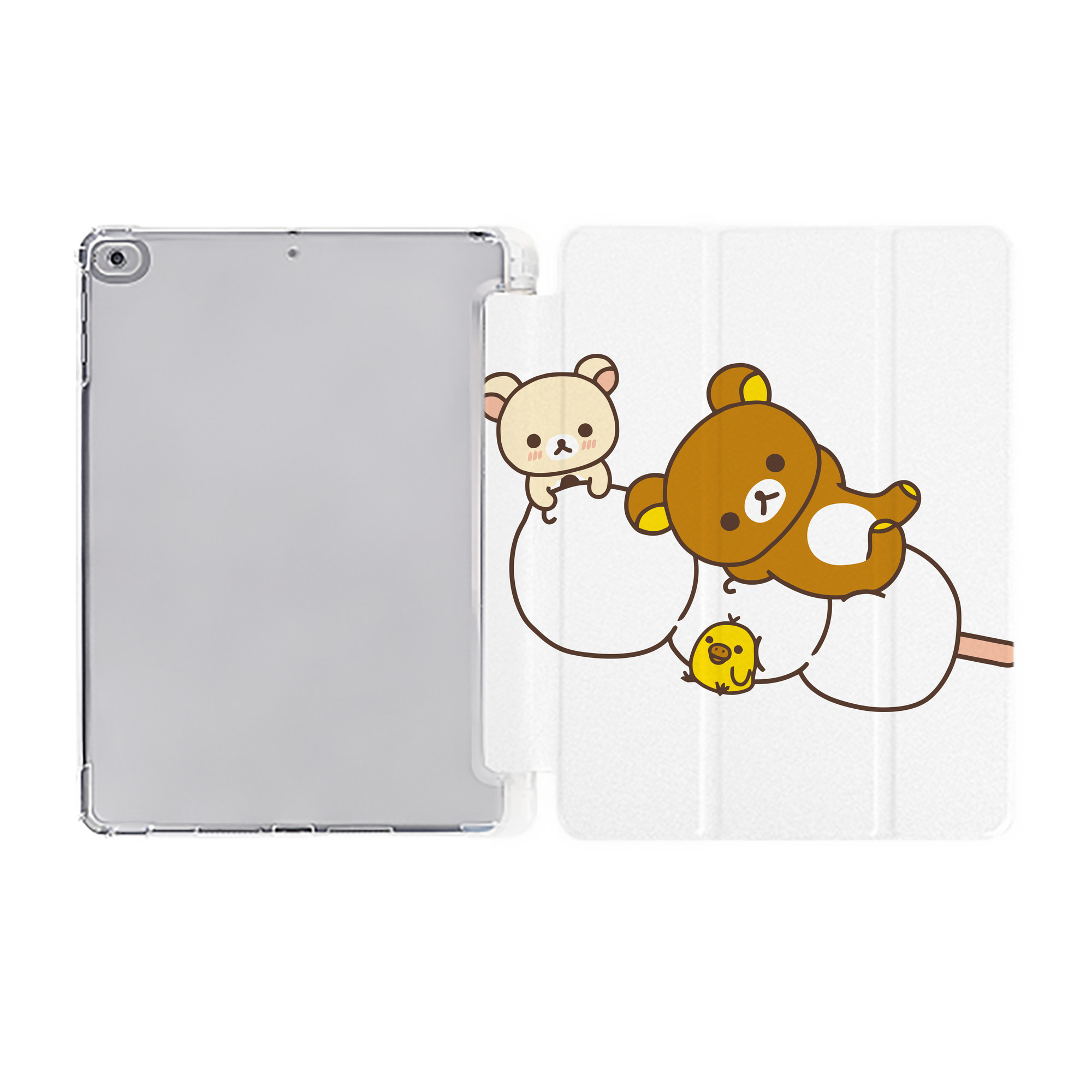 （画像用） リラックマ リラックマ キイロイトリ Rilakkuma Korilakkuma Kiiroitori IPad ケース ペン収納付き 三つ折りスタンド PUレザー×シリコン 対応機種9.5/10.5/10.9インチ